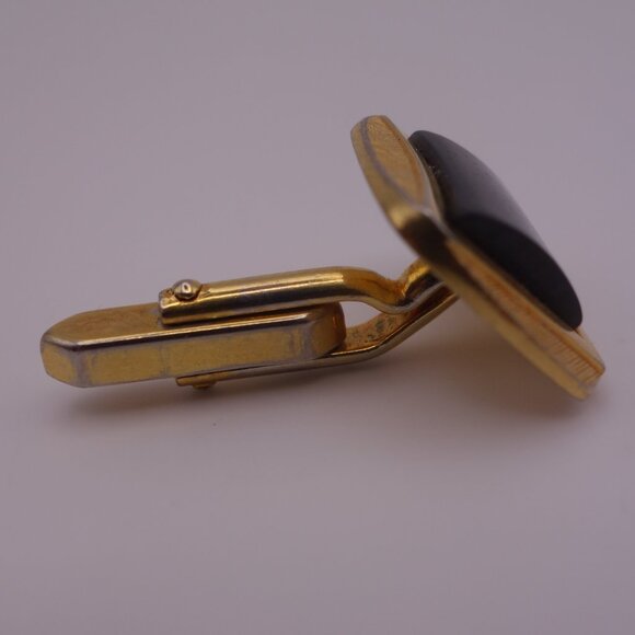 Gold Color Rectangle Cuff Links with Black Stone - Picture 9 of 12